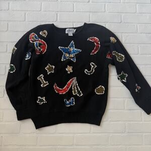 Affinity by Margo's Women's Black Sequin Vintage Holiday Sweater Star Moon sz M